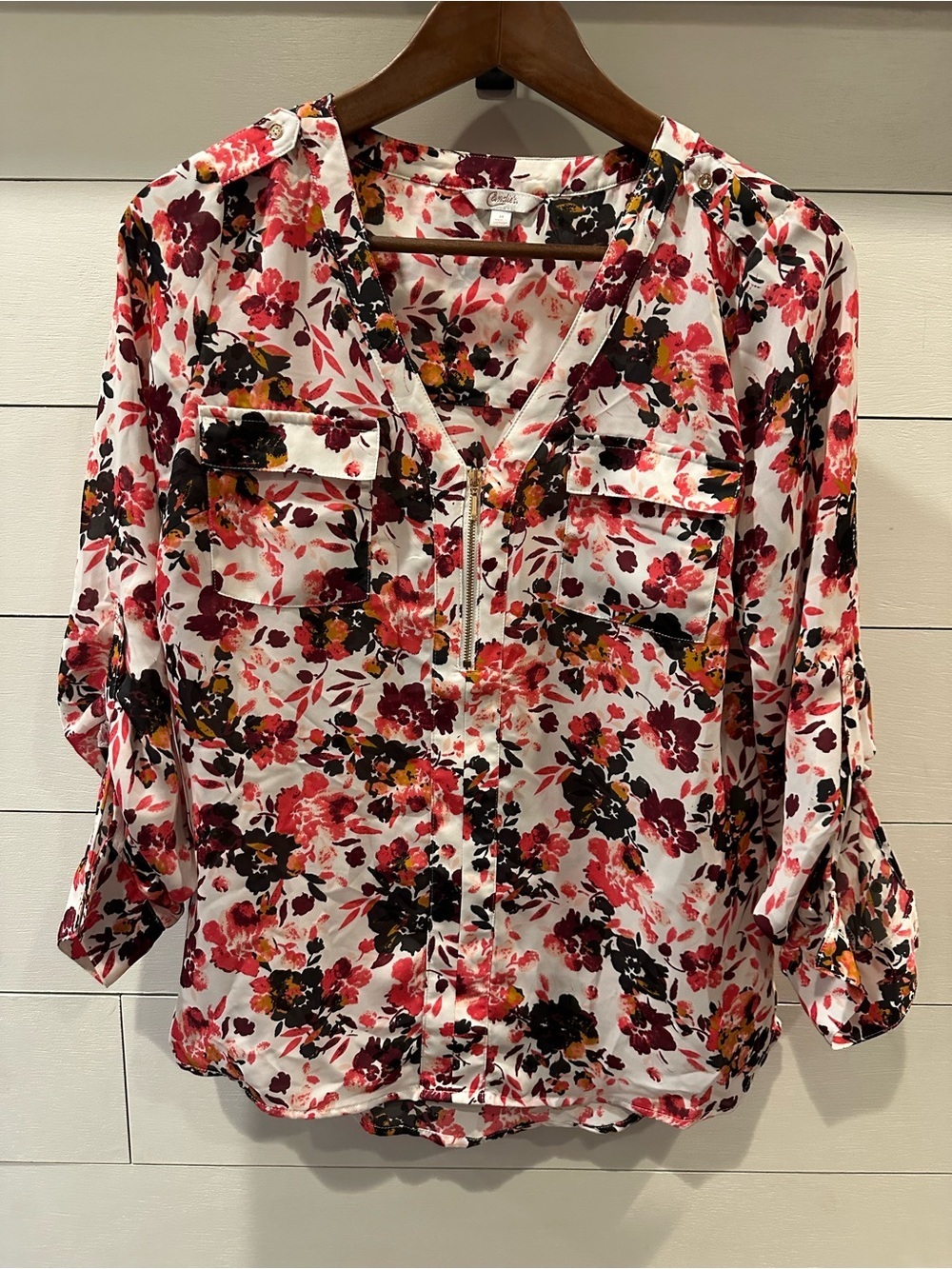 Candie's Floral Blouse in White, Red & Burgundy- size Medium